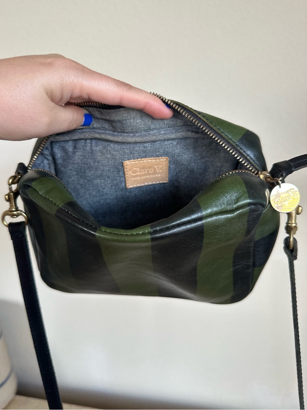 Clare V Striped Leather Crossbody Midi Sac Bag in Black/Fern Stripe - Picture 5 of 16